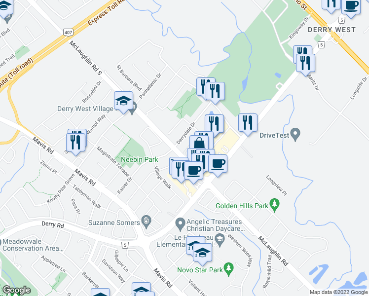 map of restaurants, bars, coffee shops, grocery stores, and more near 404 Aspendale Crescent in Mississauga