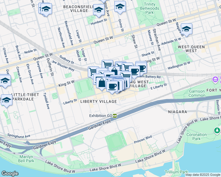 map of restaurants, bars, coffee shops, grocery stores, and more near 43 Hanna Avenue in Toronto