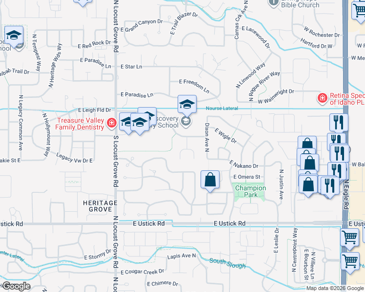 map of restaurants, bars, coffee shops, grocery stores, and more near 3725 North Neith Avenue in Meridian