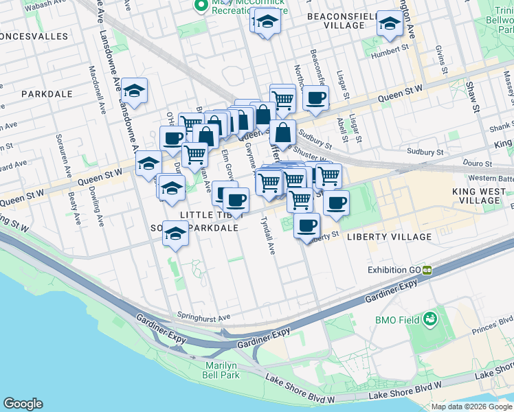 map of restaurants, bars, coffee shops, grocery stores, and more near 1250 King Street West in Toronto