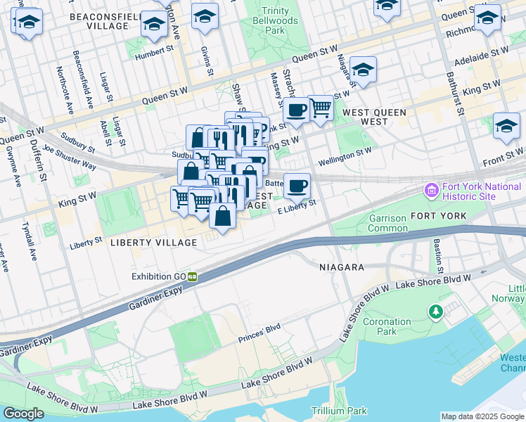 map of restaurants, bars, coffee shops, grocery stores, and more near 70 East Liberty Street in Toronto