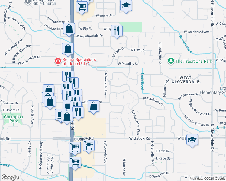 map of restaurants, bars, coffee shops, grocery stores, and more near 3763 North Bottle Brush Avenue in Boise