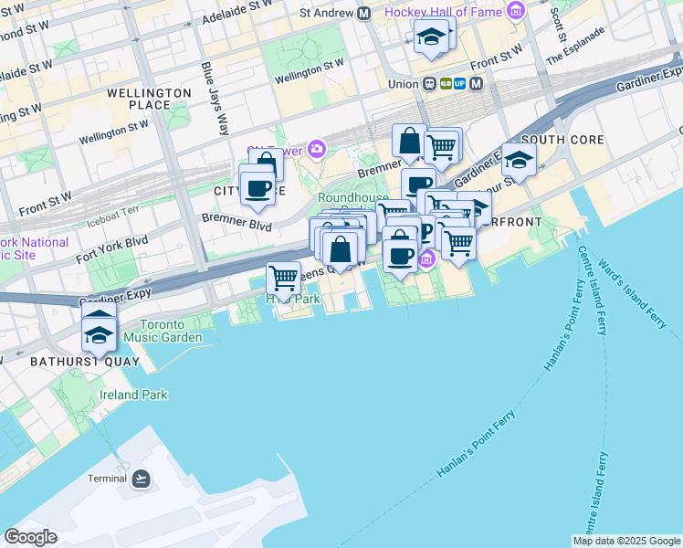 map of restaurants, bars, coffee shops, grocery stores, and more near 249 Queens Quay West in Toronto