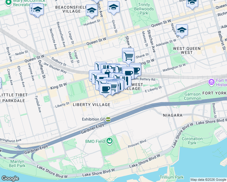 map of restaurants, bars, coffee shops, grocery stores, and more near East Liberty Street in Toronto