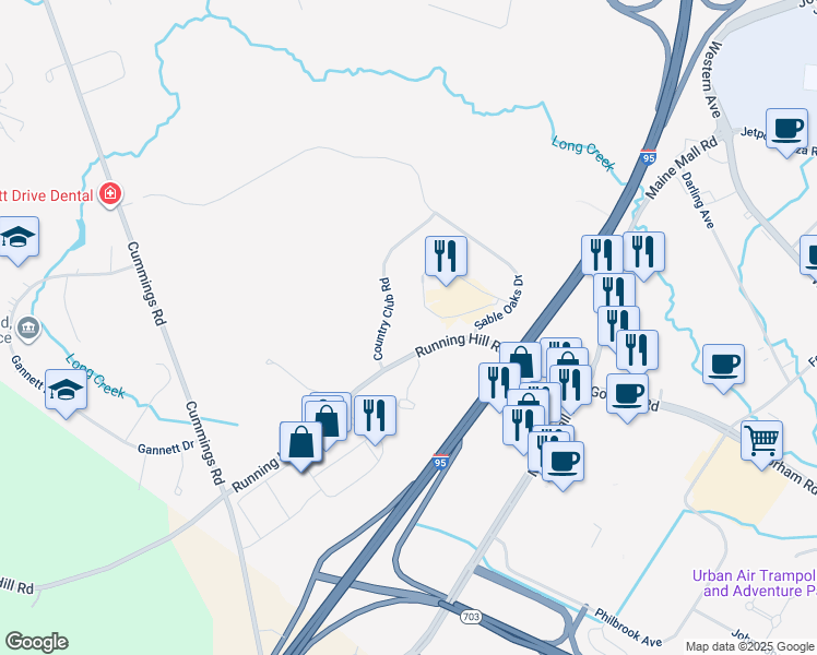 map of restaurants, bars, coffee shops, grocery stores, and more near 25 Country Club Road in South Portland
