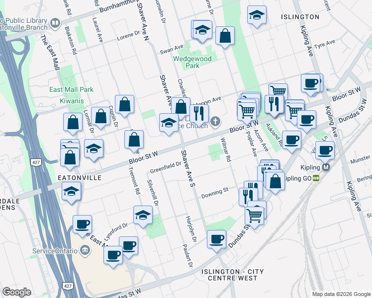 map of restaurants, bars, coffee shops, grocery stores, and more near 4 Shaver Avenue North in Toronto