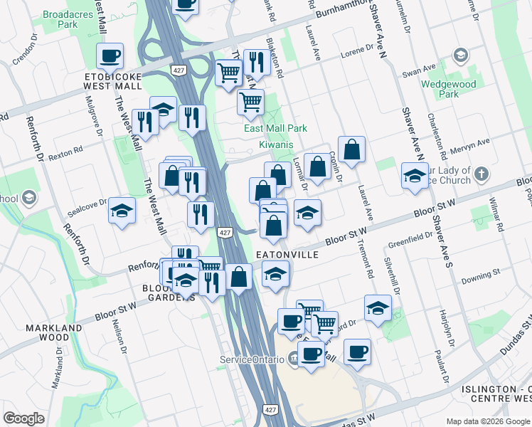 map of restaurants, bars, coffee shops, grocery stores, and more near in Toronto