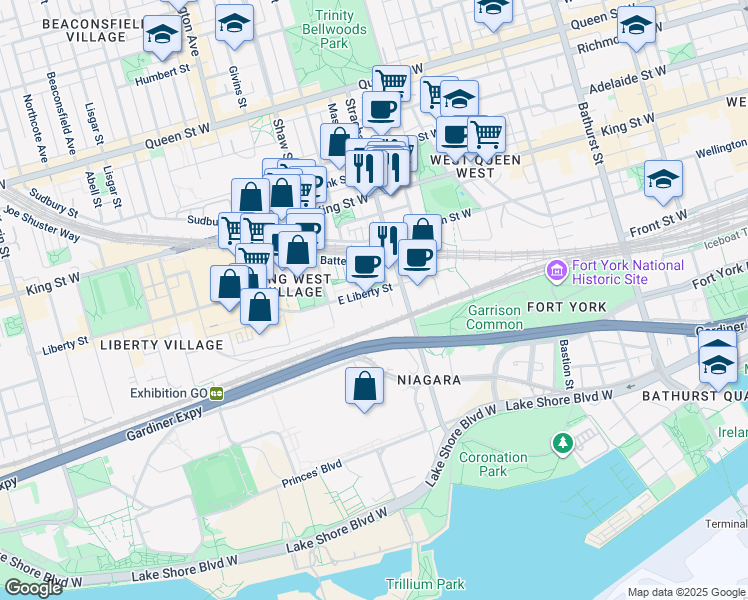 map of restaurants, bars, coffee shops, grocery stores, and more near 51 East Liberty Street in Toronto