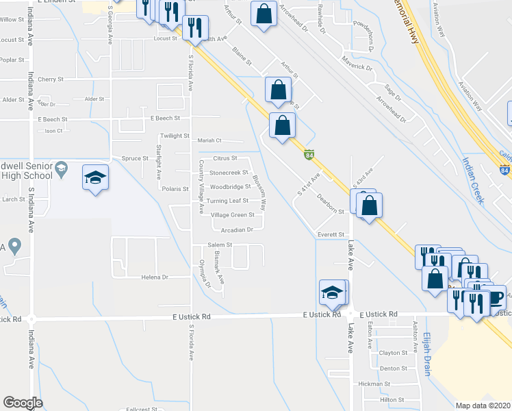 map of restaurants, bars, coffee shops, grocery stores, and more near 3210 Turning Leaf Street in Caldwell