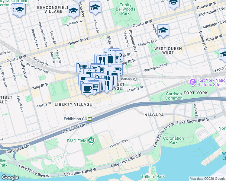 map of restaurants, bars, coffee shops, grocery stores, and more near 69 Lynn Williams Street in Toronto