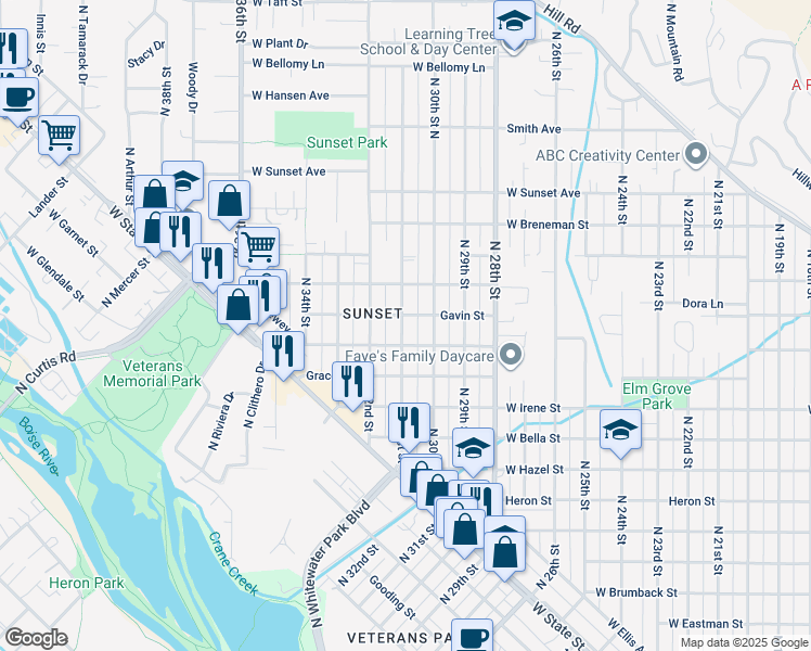 map of restaurants, bars, coffee shops, grocery stores, and more near in Boise