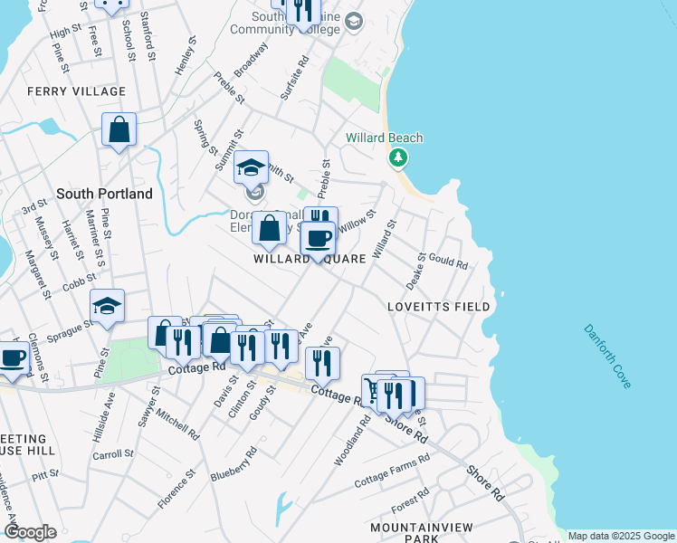 map of restaurants, bars, coffee shops, grocery stores, and more near 94 Willow Street in South Portland