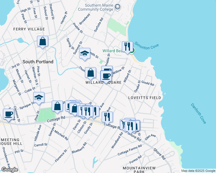 map of restaurants, bars, coffee shops, grocery stores, and more near 94 Willow Street in South Portland