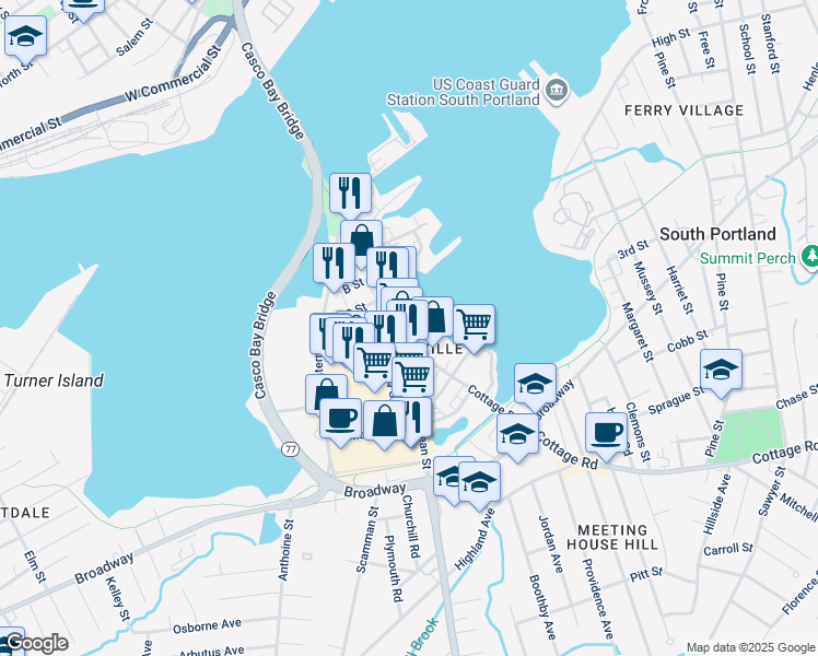 map of restaurants, bars, coffee shops, grocery stores, and more near 3 D Street in South Portland