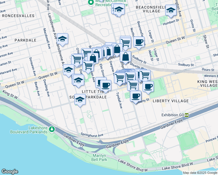 map of restaurants, bars, coffee shops, grocery stores, and more near in Toronto