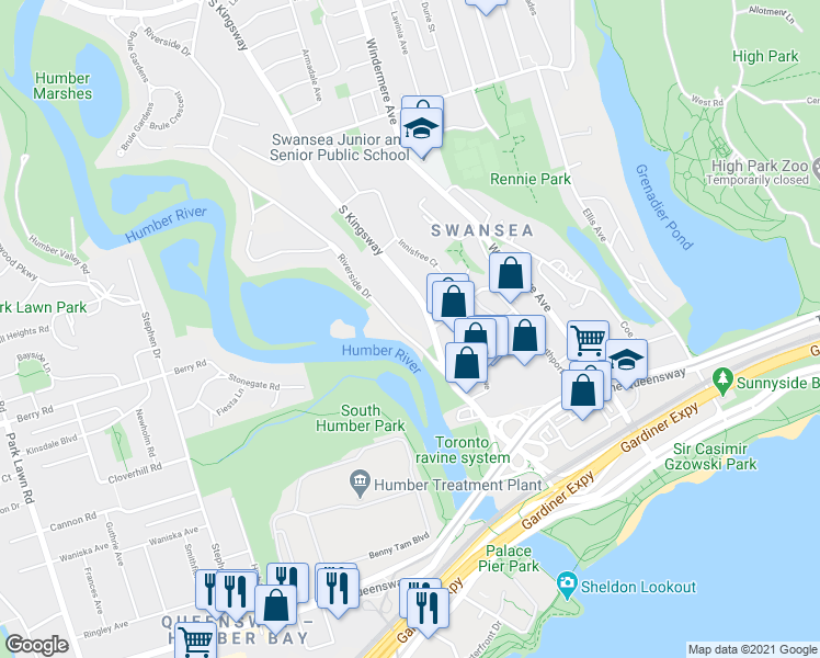 map of restaurants, bars, coffee shops, grocery stores, and more near 64 South Kingsway in Toronto