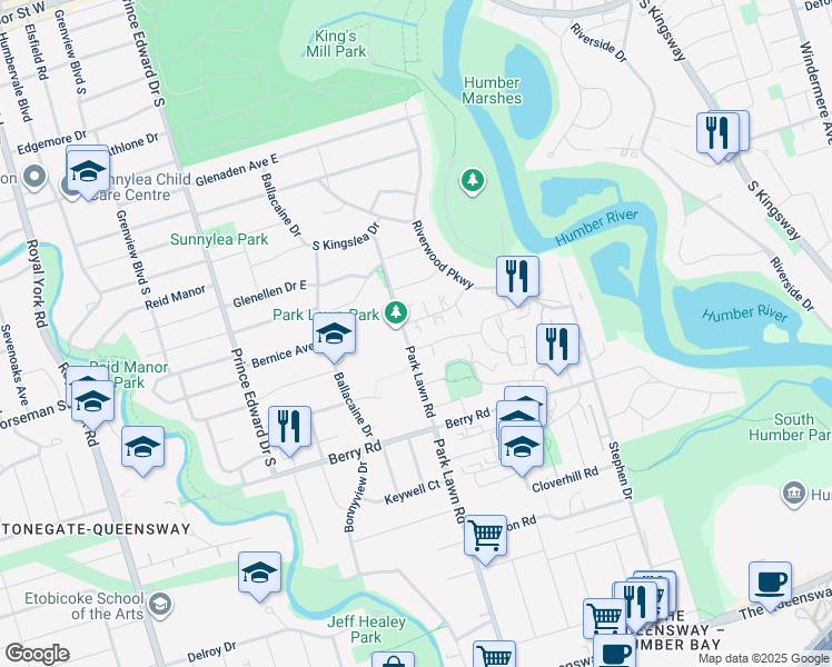map of restaurants, bars, coffee shops, grocery stores, and more near 4 Kings Point Drive in Toronto