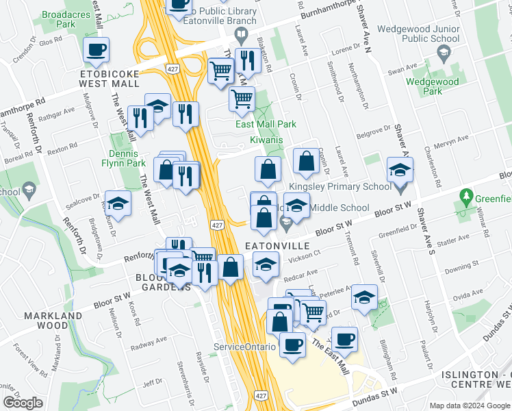 map of restaurants, bars, coffee shops, grocery stores, and more near in Toronto