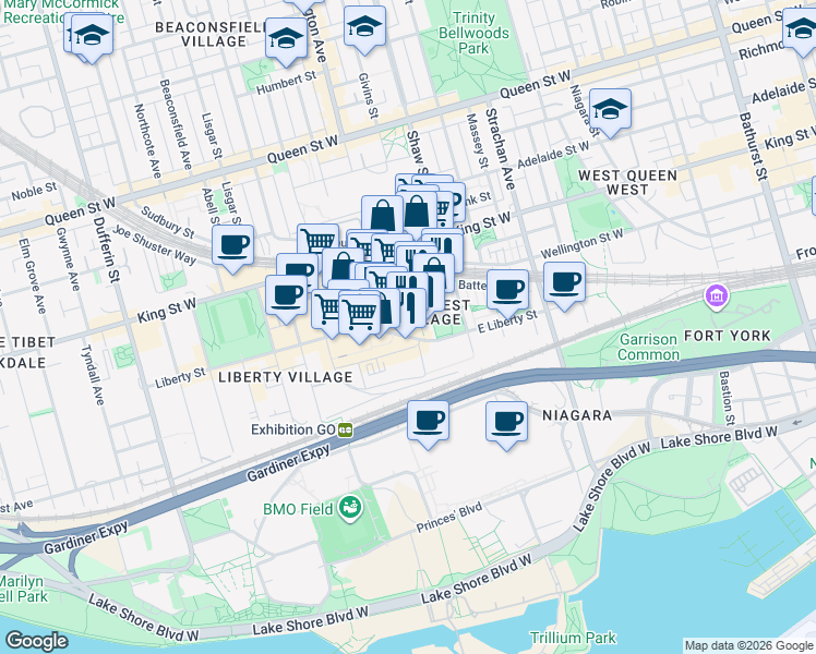 map of restaurants, bars, coffee shops, grocery stores, and more near 150 East Liberty Street in Toronto