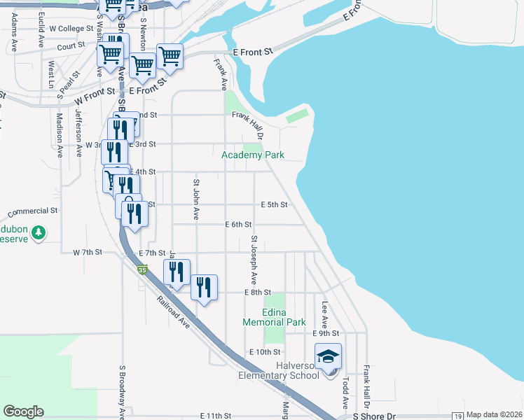 map of restaurants, bars, coffee shops, grocery stores, and more near 613 East 5th Street in Albert Lea