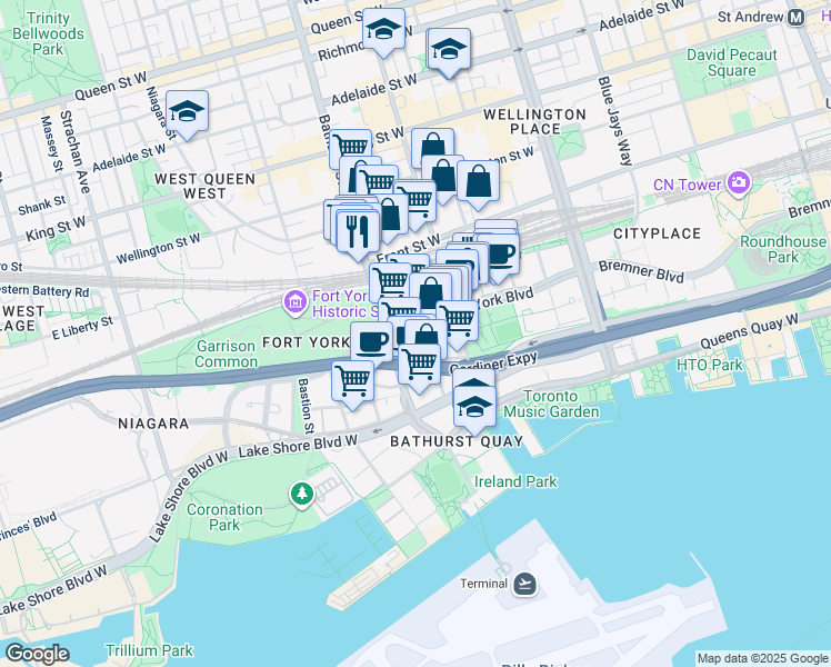 map of restaurants, bars, coffee shops, grocery stores, and more near 90 Queens Wharf Road in Toronto