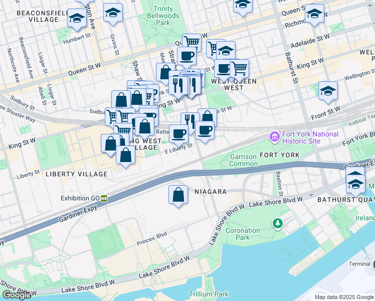 map of restaurants, bars, coffee shops, grocery stores, and more near 49 East Liberty Street in Toronto