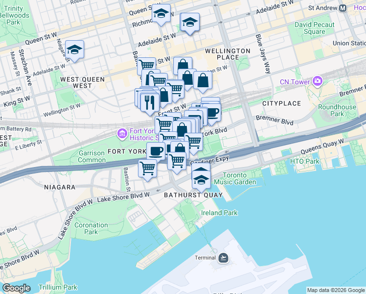 map of restaurants, bars, coffee shops, grocery stores, and more near 85 Queens Wharf Road in Toronto