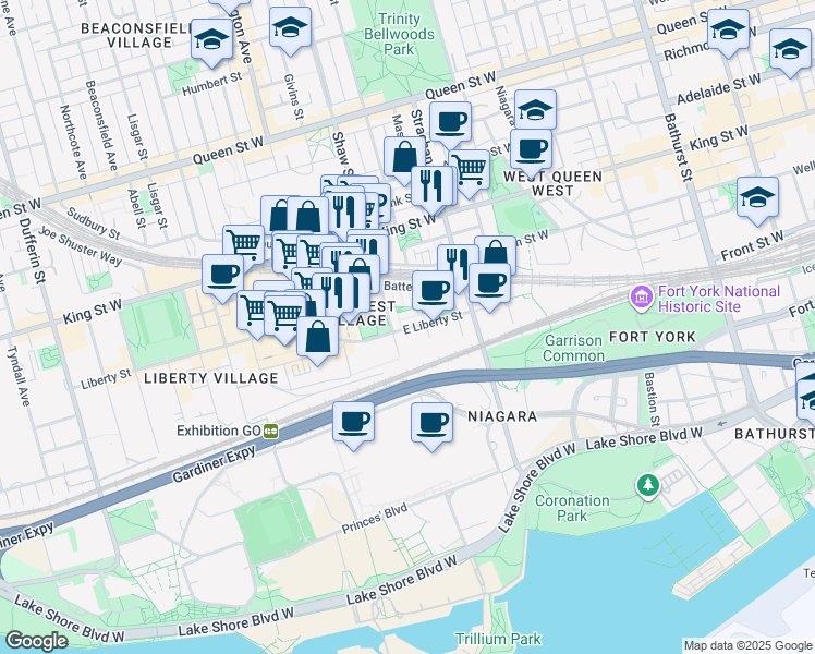 map of restaurants, bars, coffee shops, grocery stores, and more near 57 East Liberty Street in Toronto
