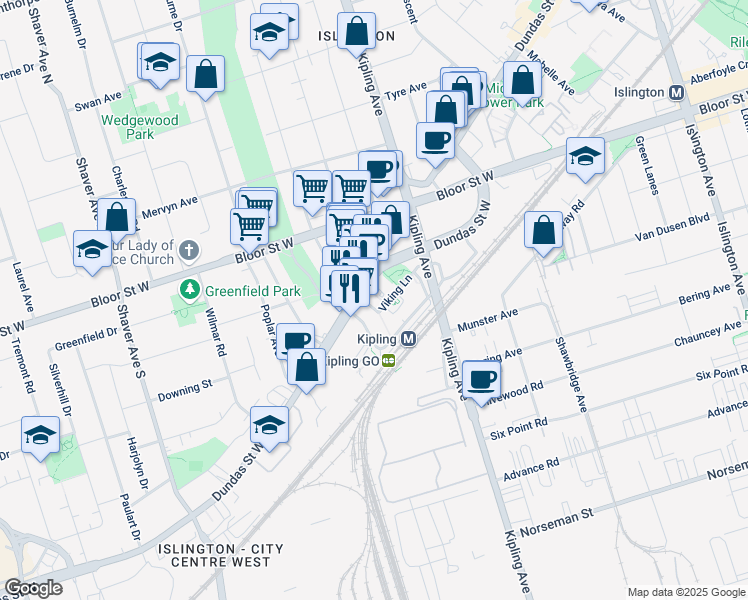 map of restaurants, bars, coffee shops, grocery stores, and more near 5233 Dundas Street West in Toronto