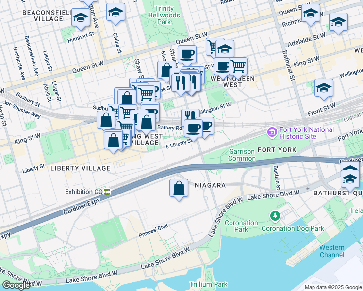 map of restaurants, bars, coffee shops, grocery stores, and more near 45 East Liberty Street in Toronto