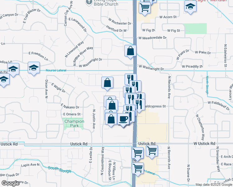 map of restaurants, bars, coffee shops, grocery stores, and more near 3780 North Centrepoint Way in Meridian