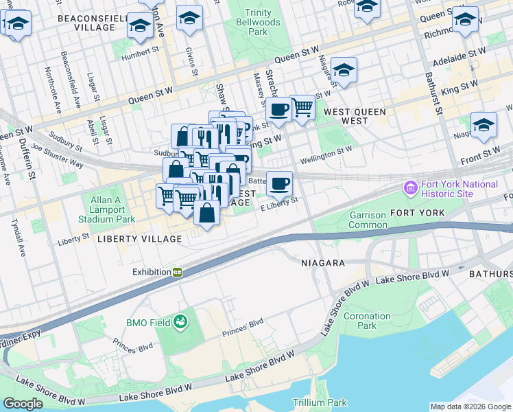 map of restaurants, bars, coffee shops, grocery stores, and more near 21 Pirandello Street in Toronto