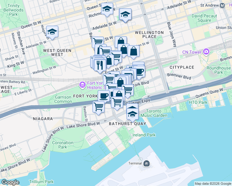 map of restaurants, bars, coffee shops, grocery stores, and more near 90 Queens Wharf Road in Toronto