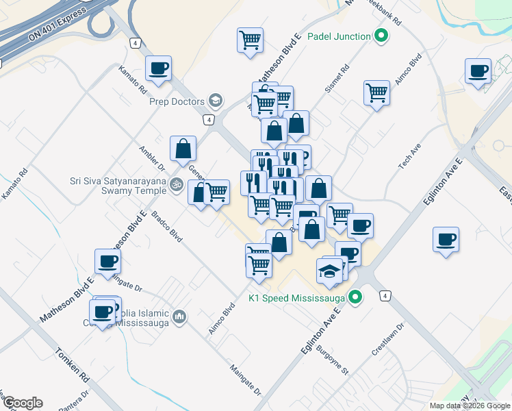 map of restaurants, bars, coffee shops, grocery stores, and more near 5200 Dixie Road in Mississauga