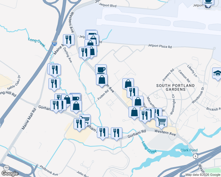 map of restaurants, bars, coffee shops, grocery stores, and more near Western Avenue in South Portland