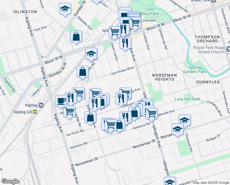 map of restaurants, bars, coffee shops, grocery stores, and more near 39 Lobo Mews in Toronto