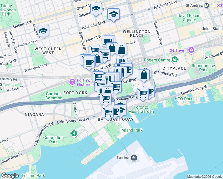 map of restaurants, bars, coffee shops, grocery stores, and more near 129 Fort York Boulevard in Toronto