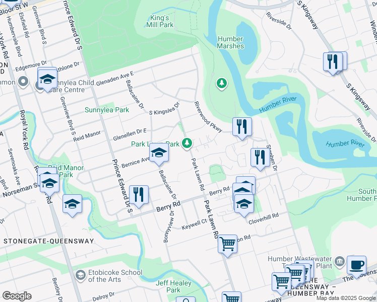 map of restaurants, bars, coffee shops, grocery stores, and more near 340 Park Lawn Road in Toronto