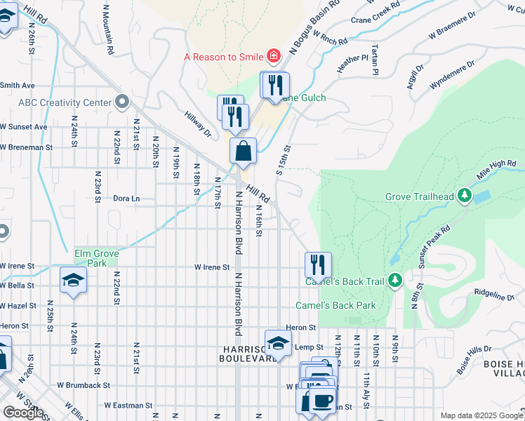 map of restaurants, bars, coffee shops, grocery stores, and more near 2200 North 16th Street in Boise