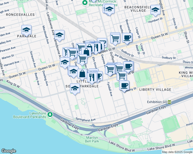 map of restaurants, bars, coffee shops, grocery stores, and more near in Toronto