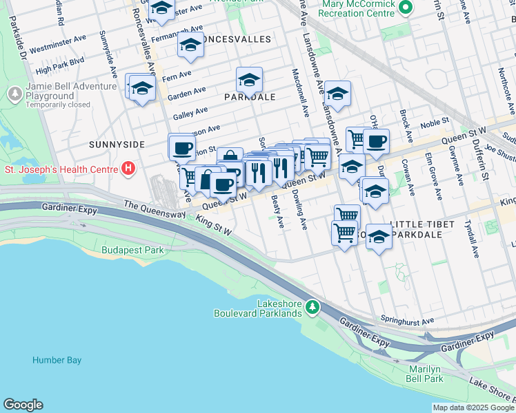 map of restaurants, bars, coffee shops, grocery stores, and more near in Toronto