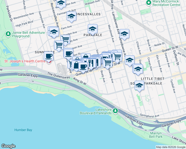 map of restaurants, bars, coffee shops, grocery stores, and more near in Toronto