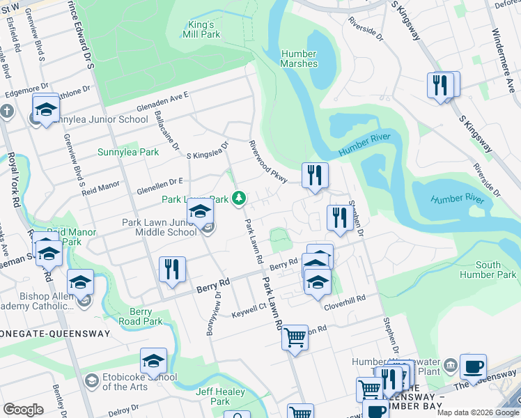 map of restaurants, bars, coffee shops, grocery stores, and more near 4 Hill Heights Road in Toronto
