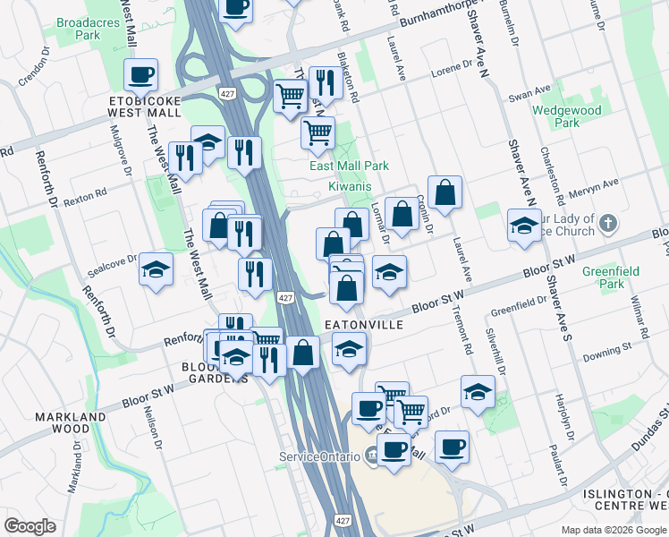 map of restaurants, bars, coffee shops, grocery stores, and more near 10 Gibbs Road in Toronto