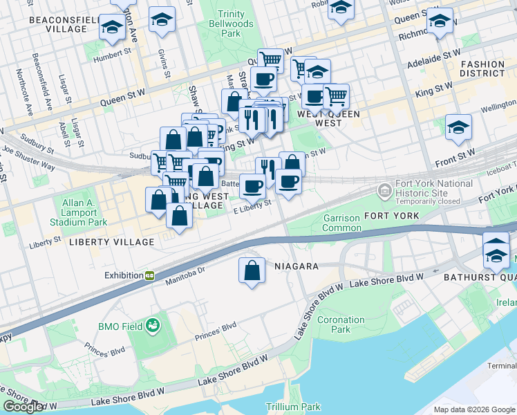 map of restaurants, bars, coffee shops, grocery stores, and more near 49 East Liberty Street in Toronto