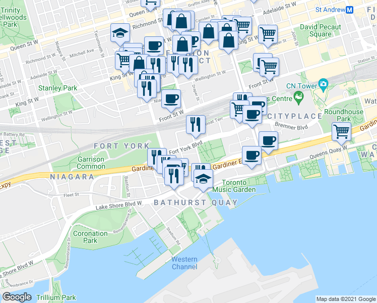 map of restaurants, bars, coffee shops, grocery stores, and more near 85 Navy Wharf Court in Toronto