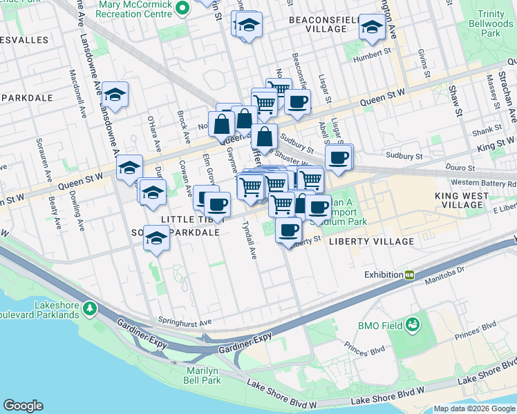 map of restaurants, bars, coffee shops, grocery stores, and more near 1220 King Street West in Toronto