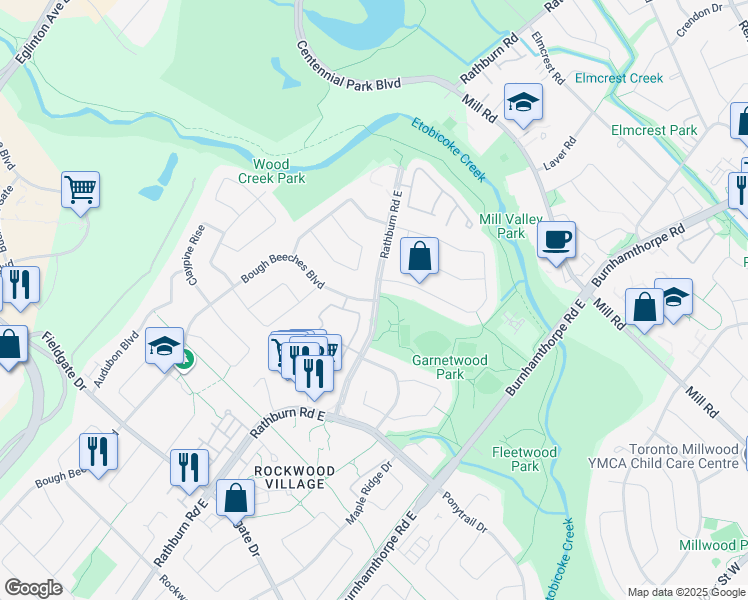 map of restaurants, bars, coffee shops, grocery stores, and more near 2021 Rathburn Road East in Mississauga