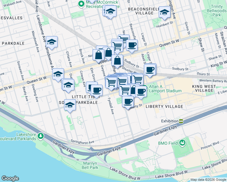 map of restaurants, bars, coffee shops, grocery stores, and more near in Toronto