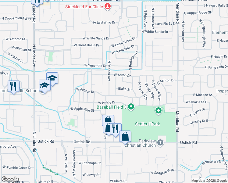 map of restaurants, bars, coffee shops, grocery stores, and more near 3804 North Rhodes Avenue in Meridian